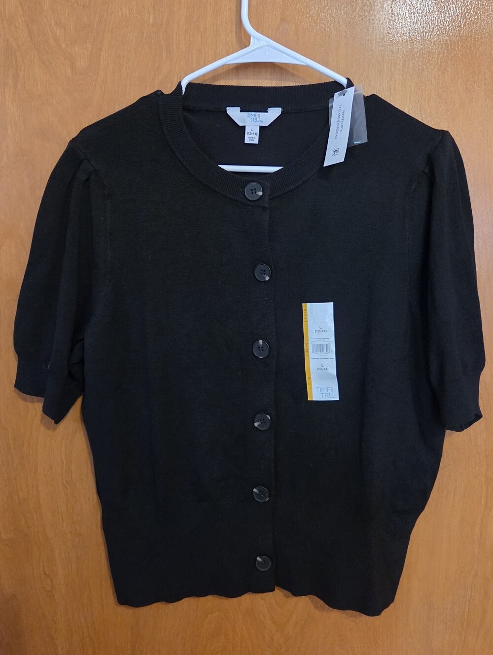 Time and Tru Black Short-Sleeve Button Front Cardigan Sweater, Size L, NEW